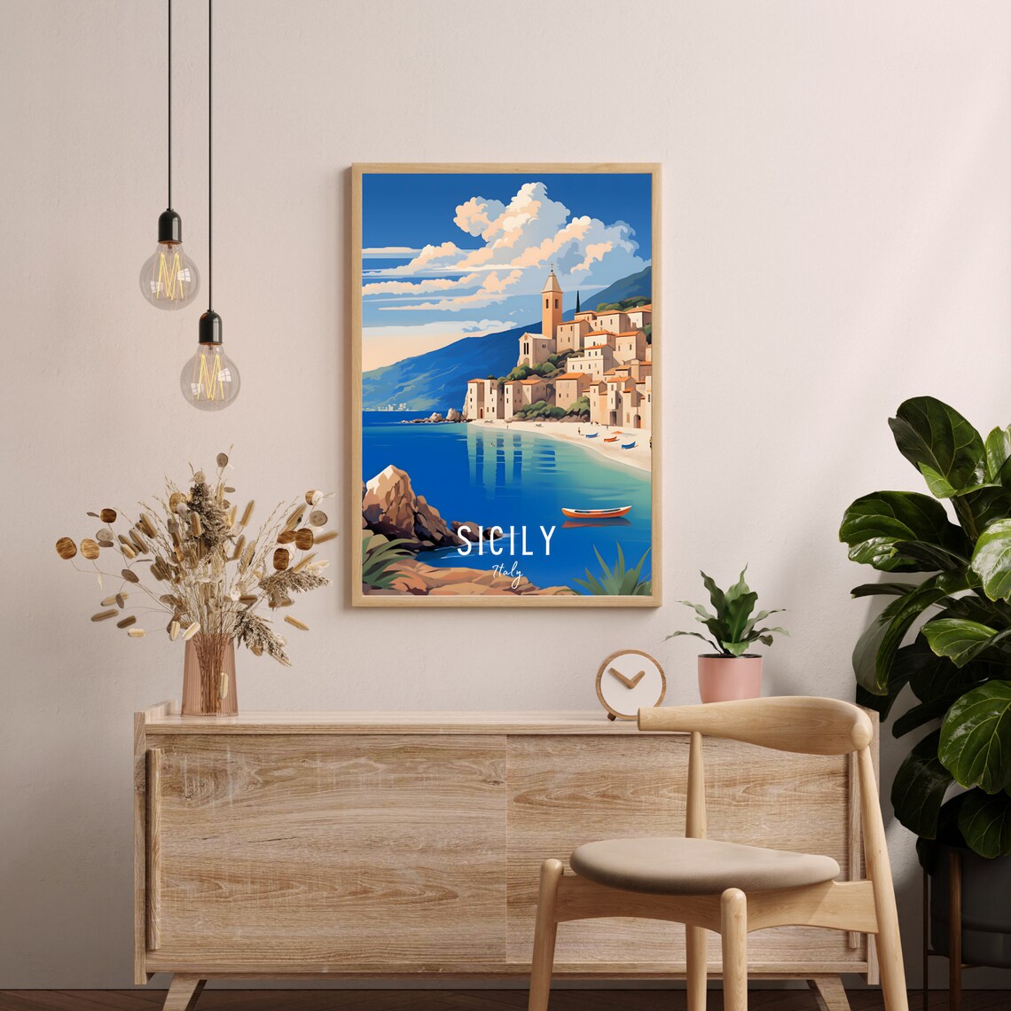 Sicily Italy Coastal Fishing Town Church Tower Bay Boats Travel Poster - Image 2