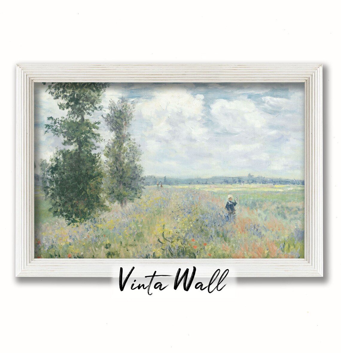 Impressionist Wildflower Meadow with Two Trees and Strolling Figure Poster - Image 2