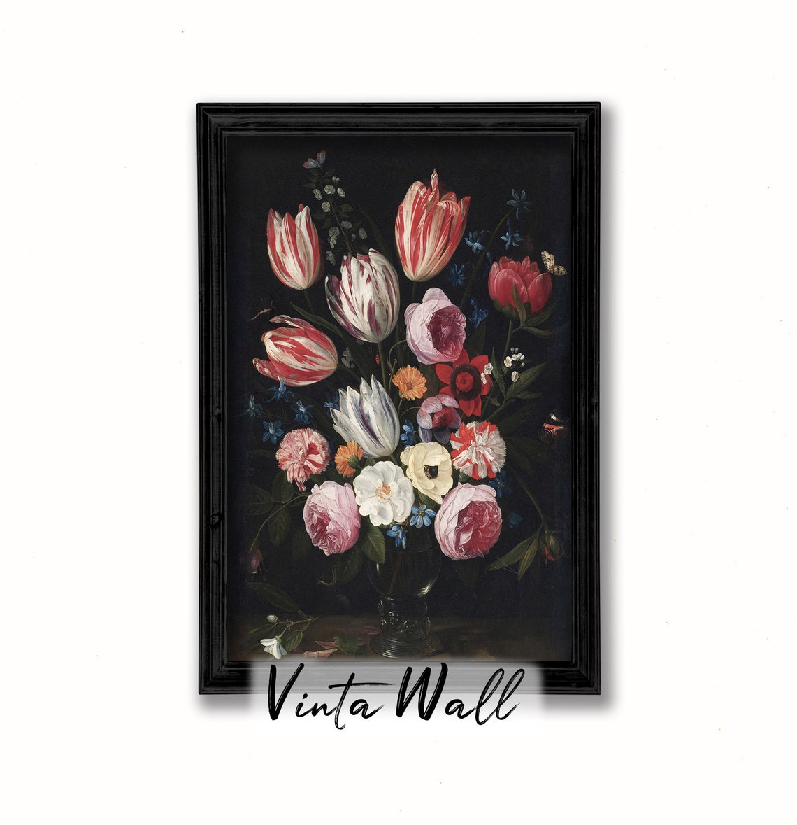 Dutch Master Style Tulip and Rose Bouquet on Dark Ground Poster - Image 2