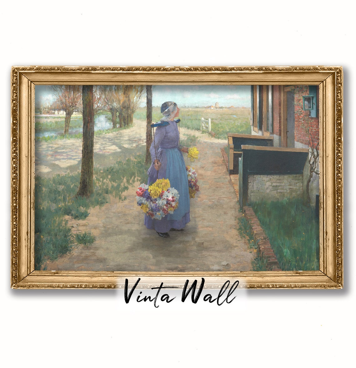 Flower Girl Print Woman Oil Painting Farmhouse Country European Muted Colours Vintage Landscape Art Spring Warm Home Wall Decor - Image 3