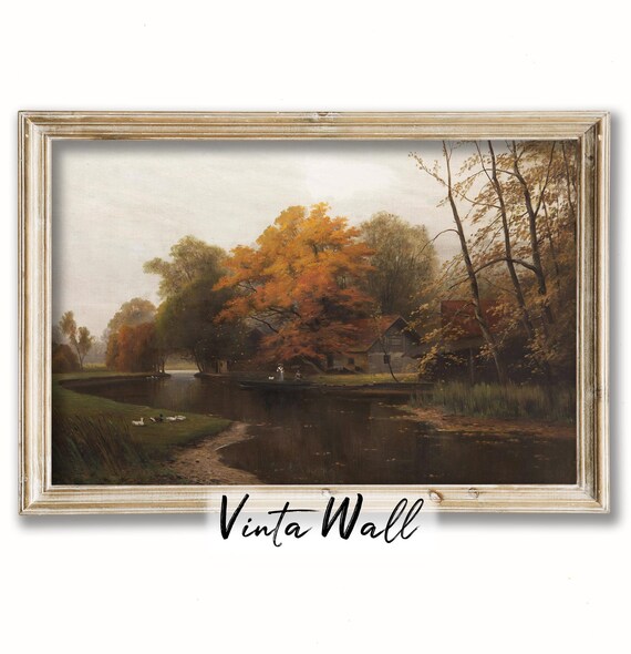 Autumn Pond With Fiery Orange Tree Cottage and Ducks Vintage Landscape Poster