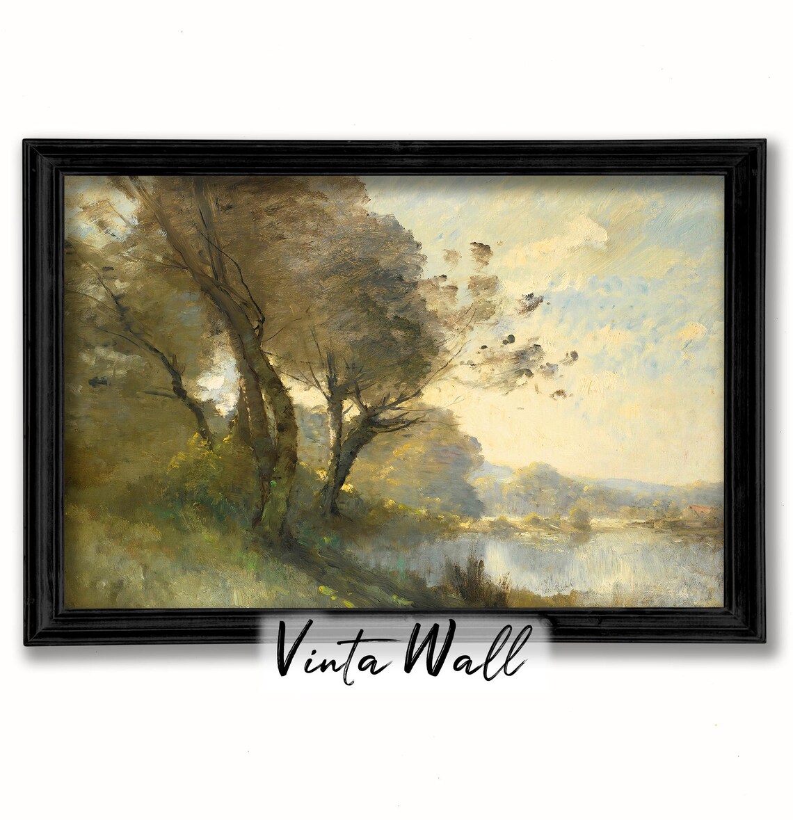 Sunlit Trees Beside Calm River Dappled Light Vintage Oil Landscape Poster - Image 2