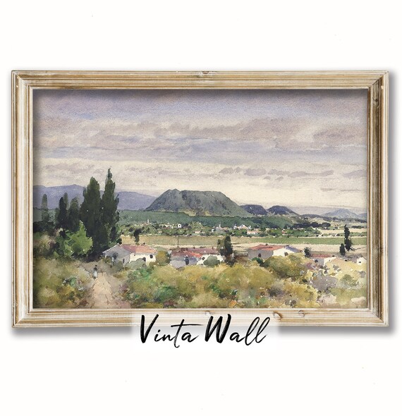 Village Valley With Red Tiled Roofs Cypress Trees Vintage Watercolor Poster