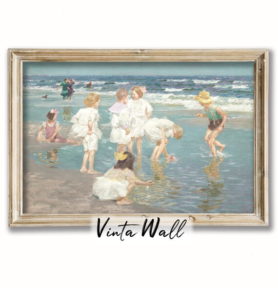 Children Playing at the Seashore Impressionist Beach Day Poster