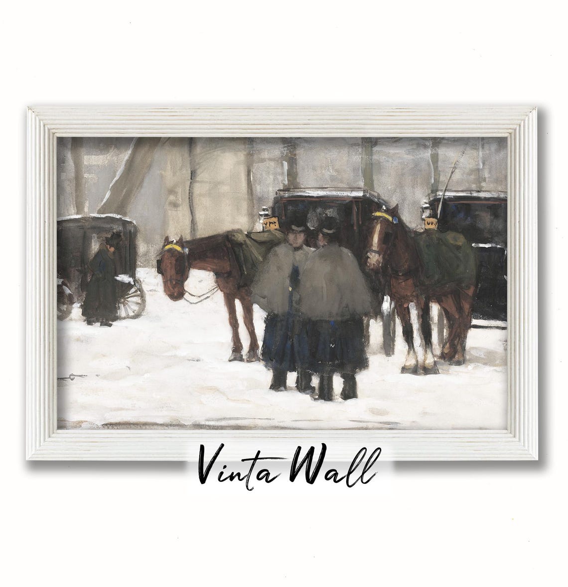 Snow Painting Winter Horse Print Lady Gentleman Square Carriage Gig Farmhouse White Art Holiday Home Wall Decor Village Christmas - Image 3