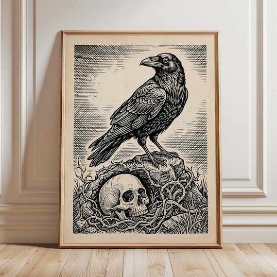 Gothic Raven Skull, Vintage Engraving Style Art Print