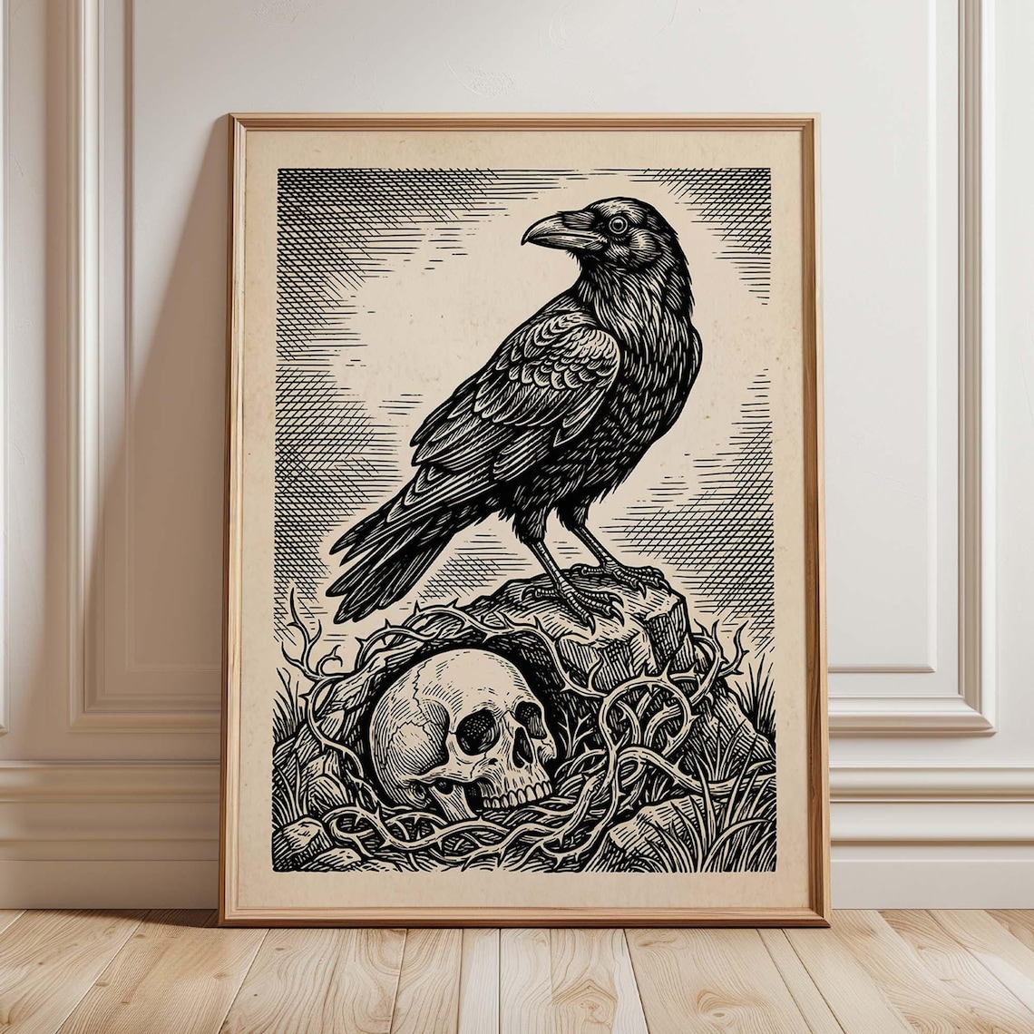 Gothic Raven Skull, Vintage Engraving Style Art Print