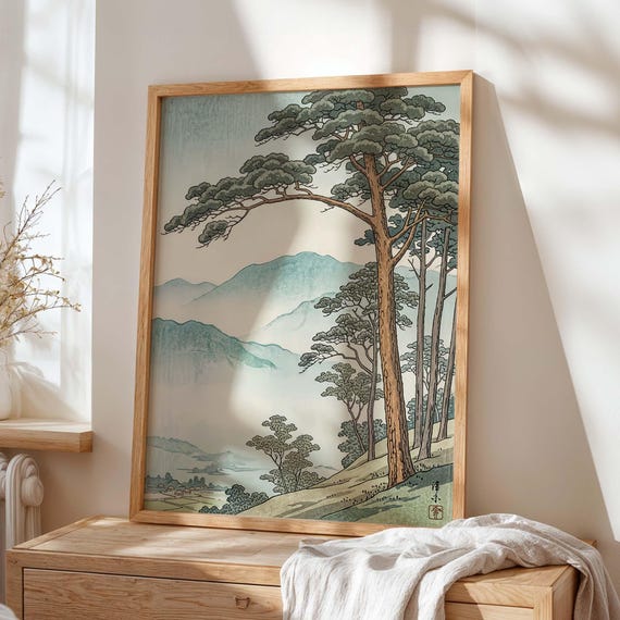 Vintage Japanese Forest Poster Tranquil Mountain Landscape Wall Art Retro Nature Print Minimalist Tree Scene Serene Home Decor