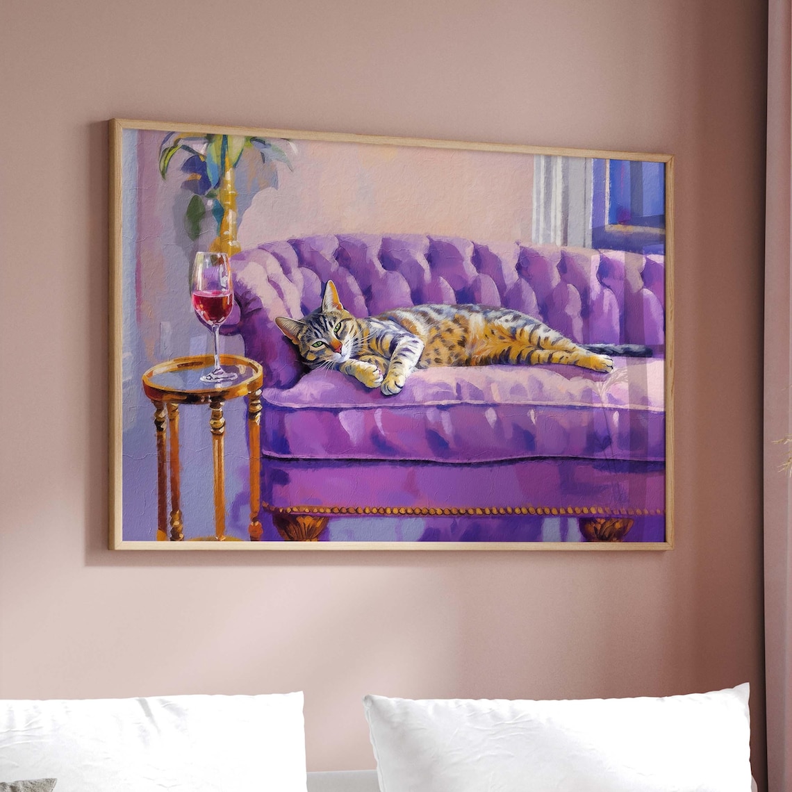 Tabby Cat With Red Wine, Quirky Bar Cart Art Print - Image 2