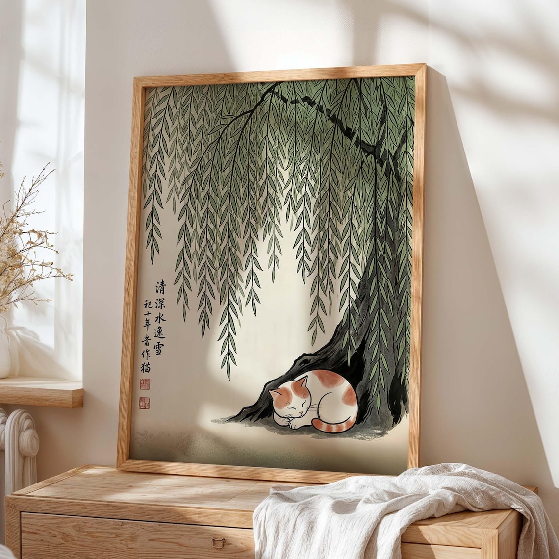 Cat Under Willow Tree, Japanese Style Art Print