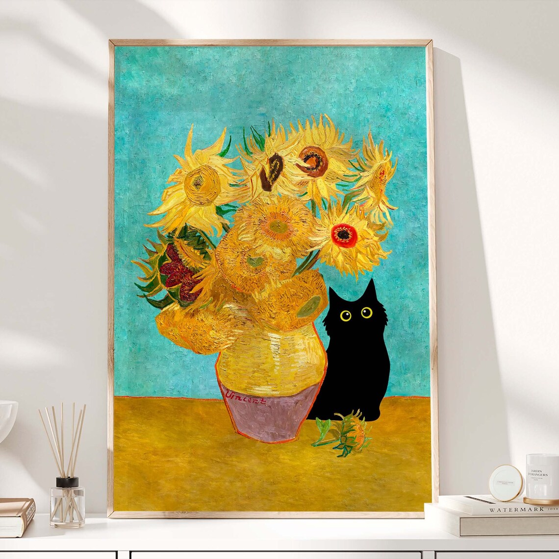 Black Cat Beside Van Gogh Sunflowers Vase Teal Background Classic Poster - Image 3