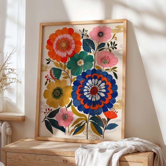 Colorful Folk Art Floral Print Maximalist Botanical Wall Decor Poster
