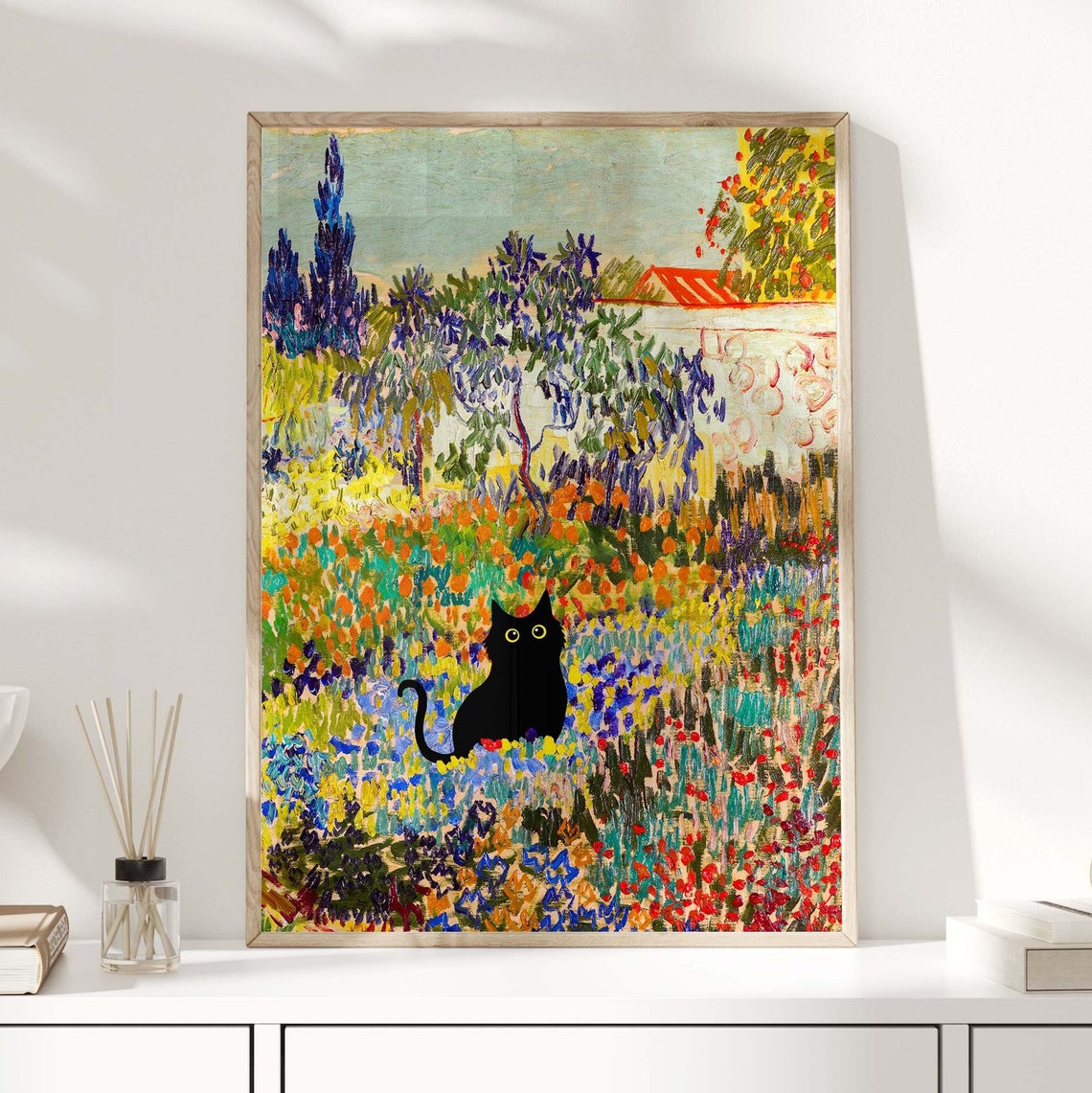 Black Cat in Van Gogh Style Garden With Cypress Trees Poster - Image 3