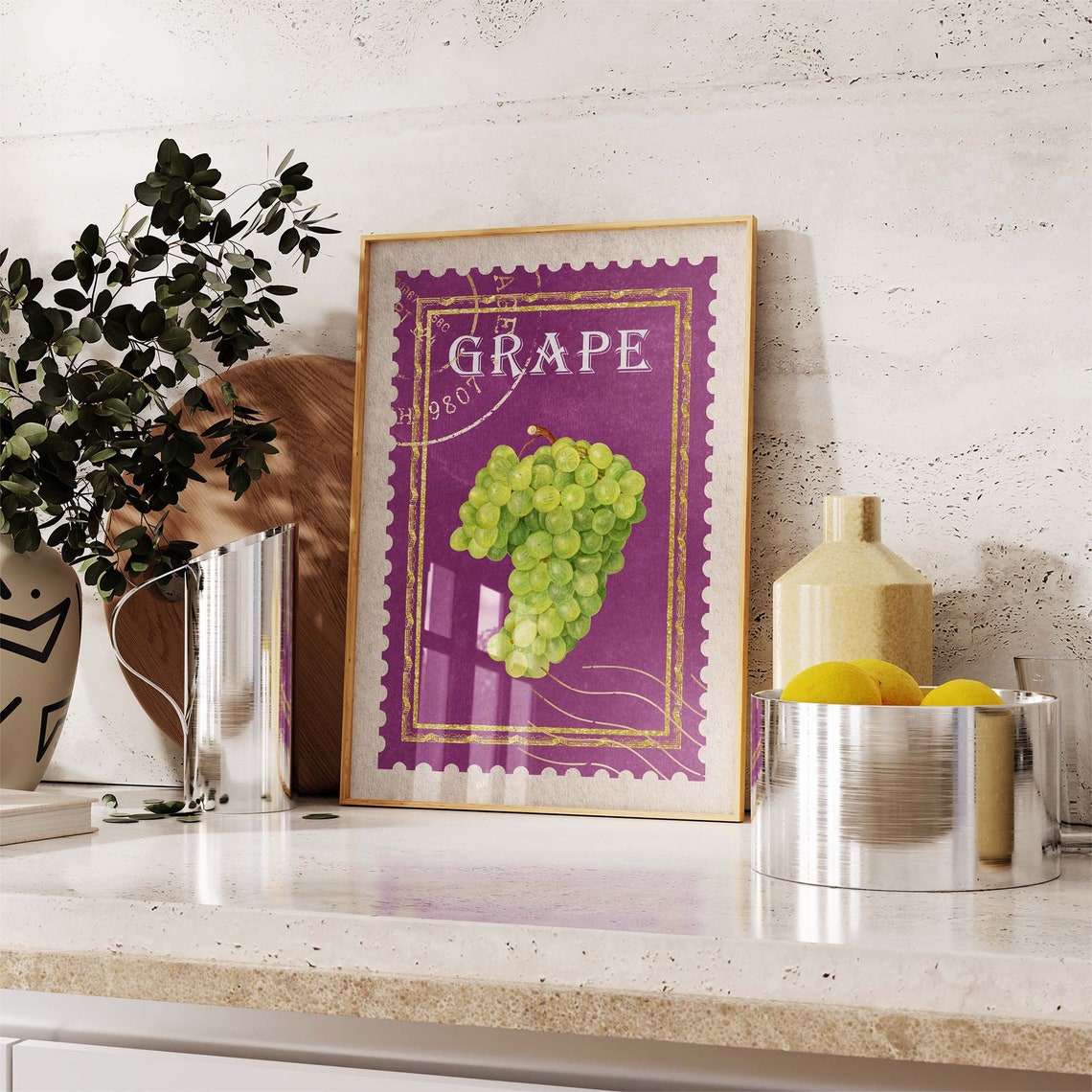 Vintage Grape Postage Stamp Style Purple Gold Kitchen Wall Art - Image 4