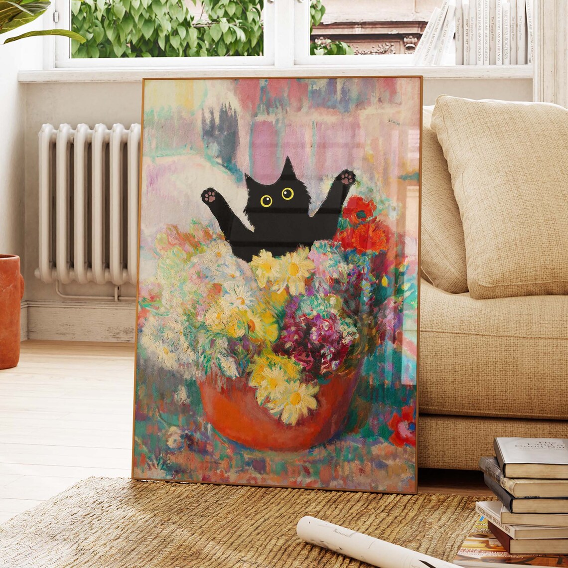Black Cat With Paws Up Bursting From A Flower Pot Joyful Poster