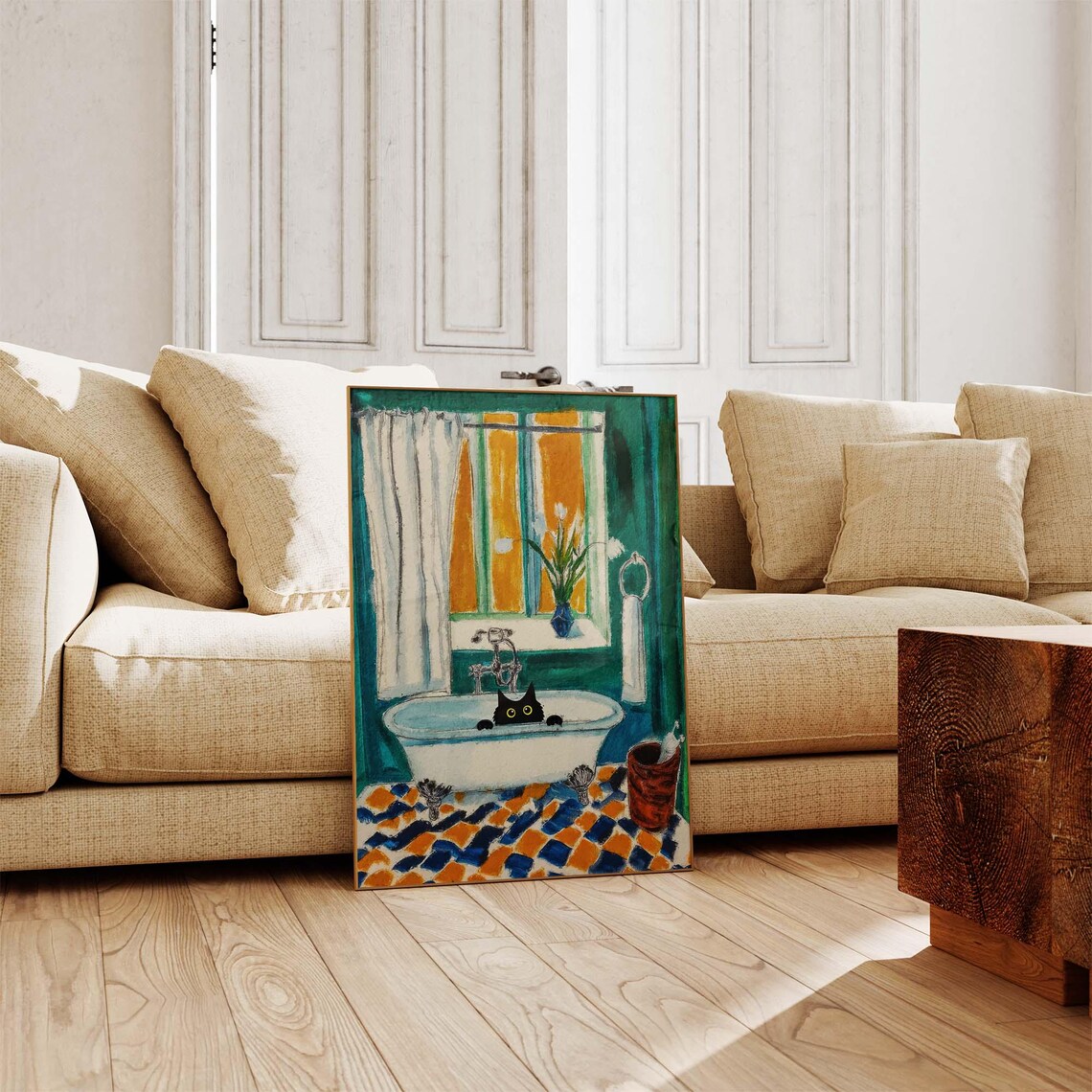 Black Cat Peekaboo In Bathtub Matisse Inspired Green Bathroom Art Poster - Image 4