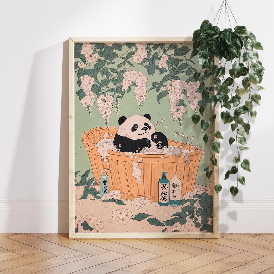 Panda In A Bath Japanese Style Art Print