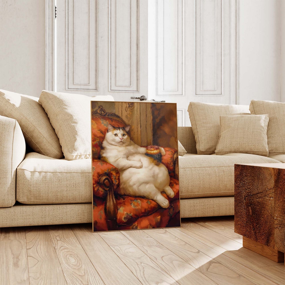 Chubby Cat Relaxing On Red Chair Holding A Donut Treat Art Poster - Image 4