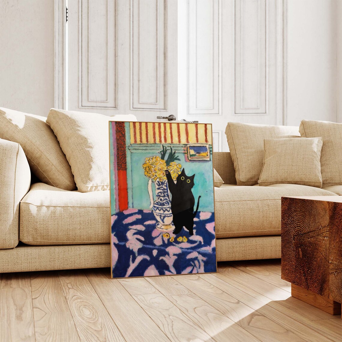 Black Cat Silhouette with Flower Vase in Matisse Style Room Poster - Image 4