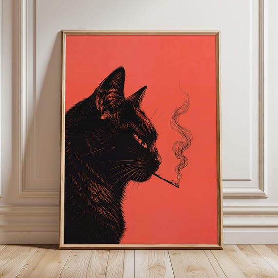 Black Cat Smoking A Cigarette Vintage Poster Art Retro Whimsical Print Funny Animal Wall Decor For Bar Cart Quirky Kitchen