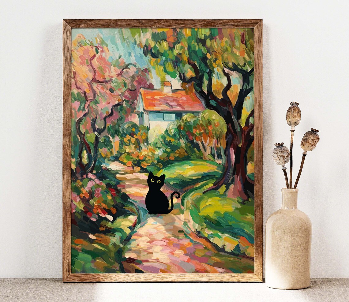 Black Cat Sitting On A Cottage Garden Path Impressionist Painting Poster