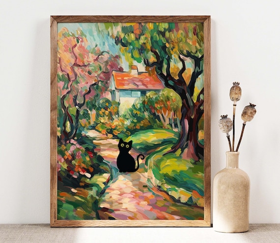 Black Cat Sitting On A Cottage Garden Path Impressionist Painting Poster