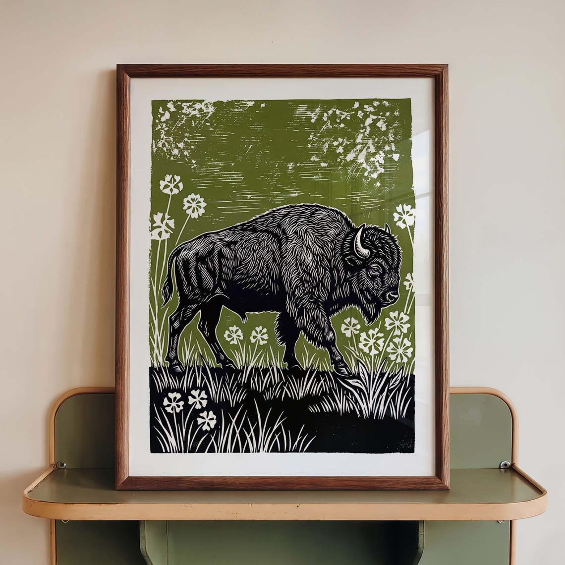 American Bison Meadow Olive Green Linocut Wildlife Art Poster