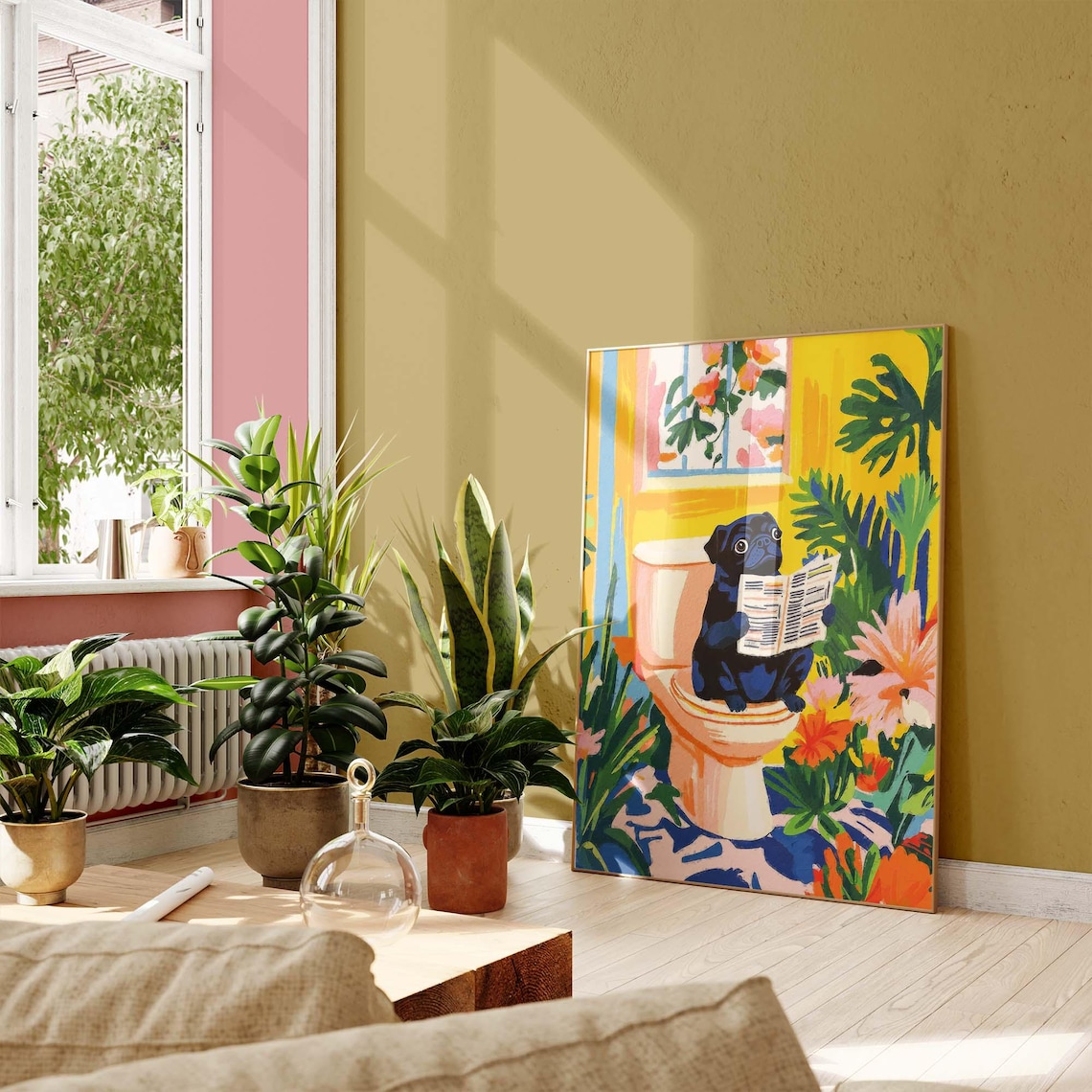 Black Pug Sitting On Toilet Reading Newspaper Tropical Poster - Image 2
