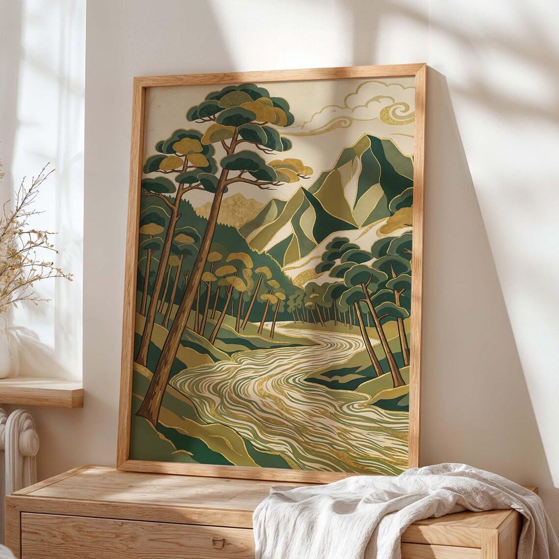 Forest River Gold Green Mountain Poster Japanese Style Landscape Art