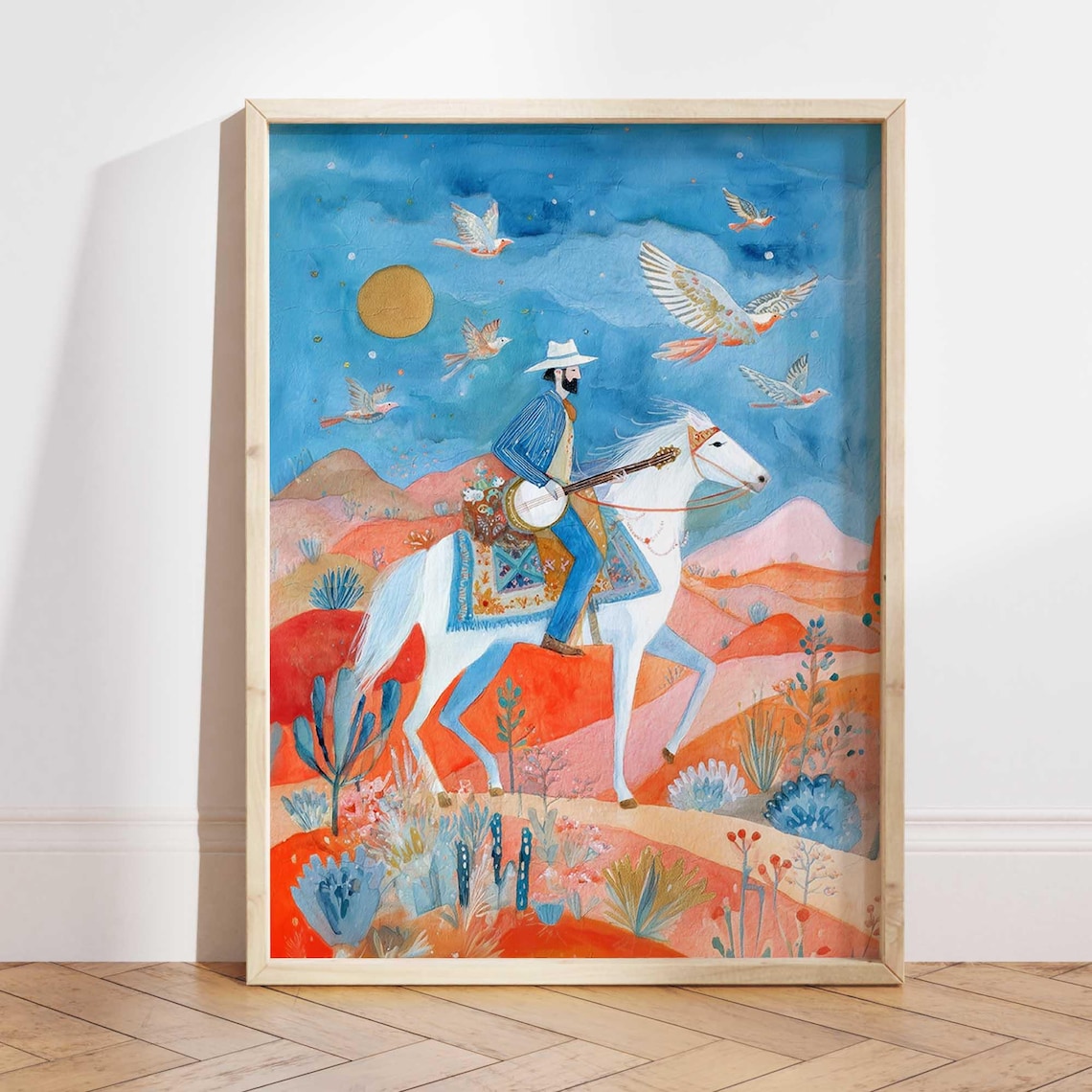 Cowboy Banjo White Horse Western Art Print
