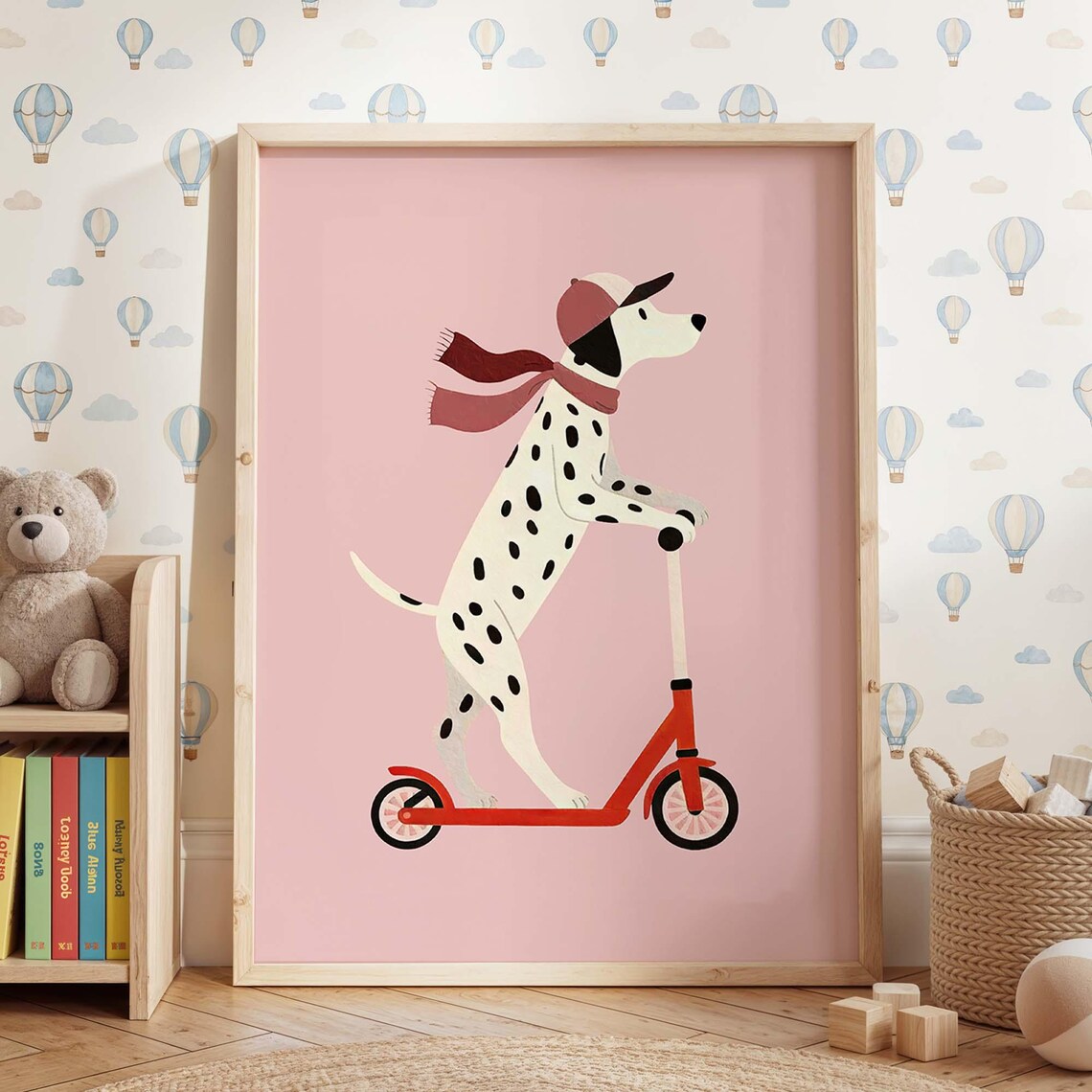 Dalmatian Puppy on Red Scooter Pink Nursery Kids Room Poster