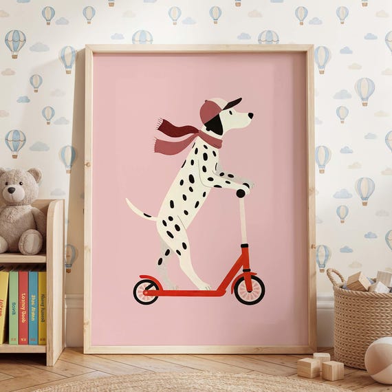 Dalmatian Nursery Wall Art Print Scooter Dog Poster Pink Puppy Kids Room Decor Whimsical Animal Playroom