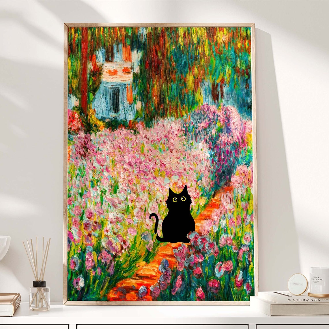Black Cat Strolling Through Monet Style Iris Garden Art Poster - Image 3