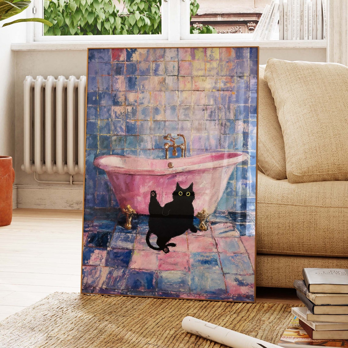 Black Cat With Pink Clawfoot Bathtub Painterly Bathroom Poster