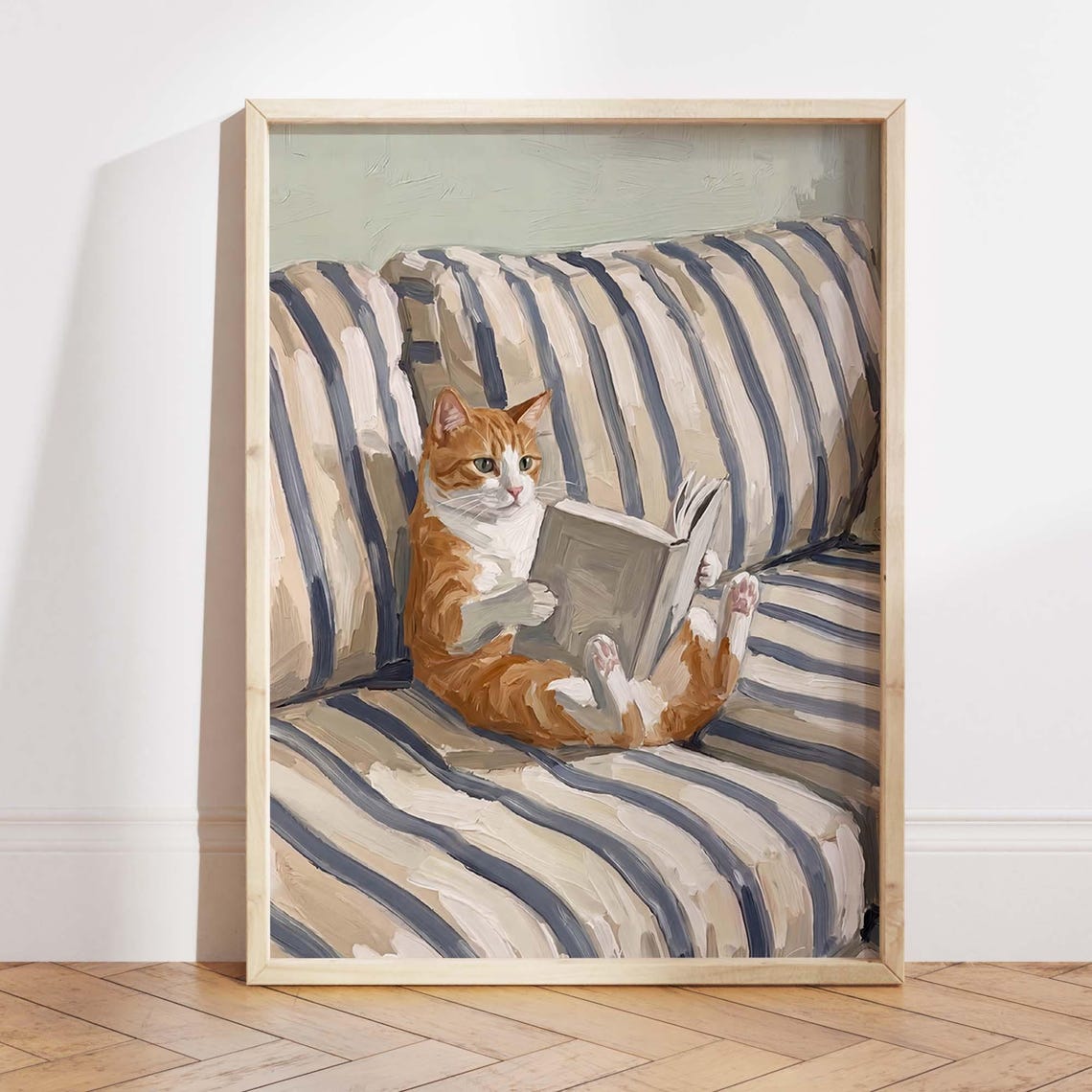 Orange Tabby Cat Reading Book Striped Sofa Whimsical Art Poster
