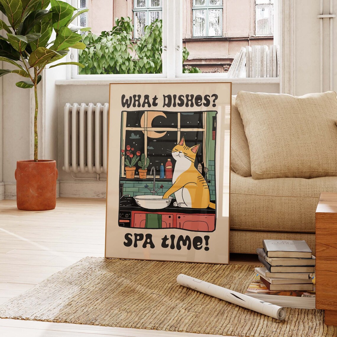 What Dishes Spa Time Funny Orange Cat At Kitchen Sink At Night Poster - Image 4