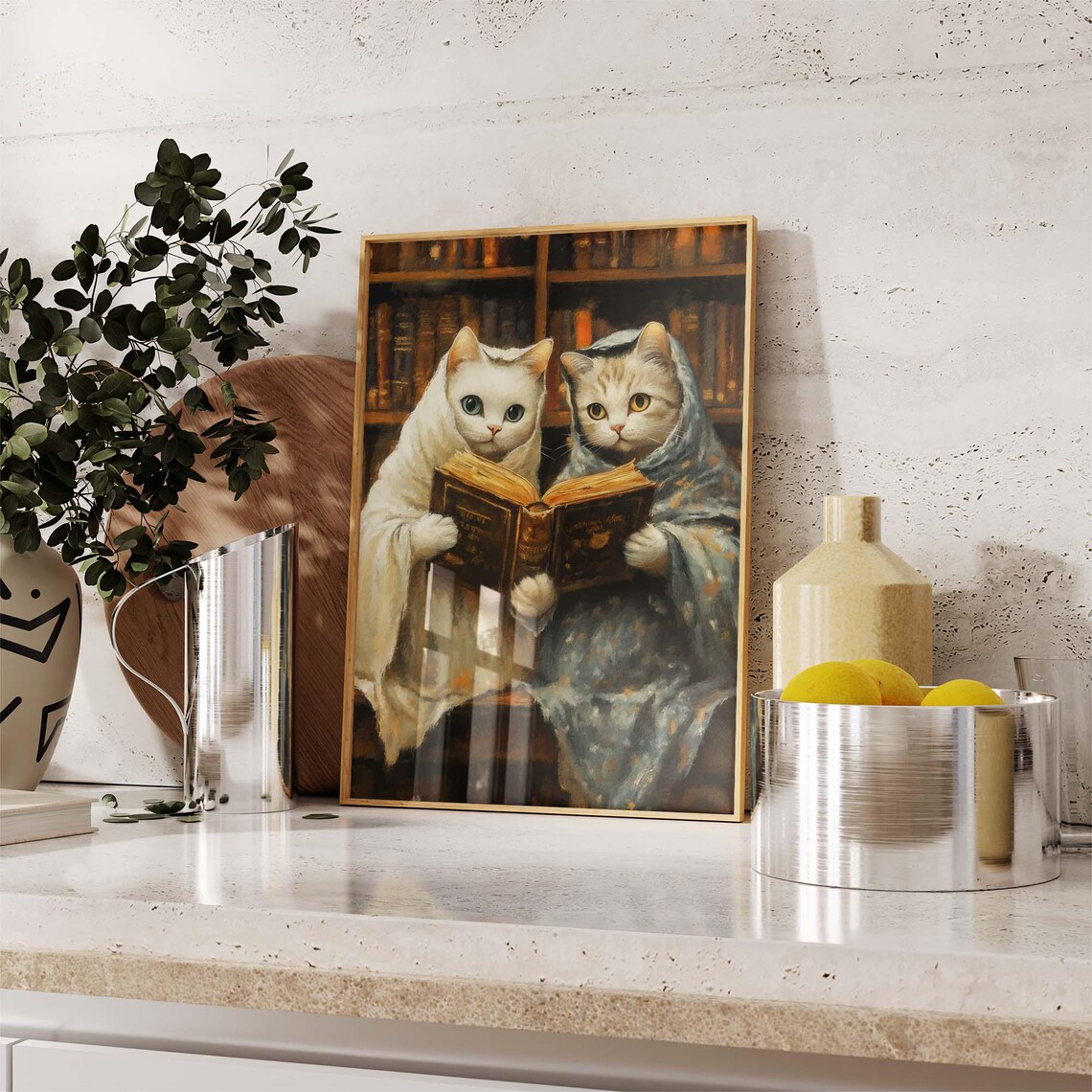 Two Cozy Cats Reading A Book Together In Blankets In Old Library Poster - Image 2