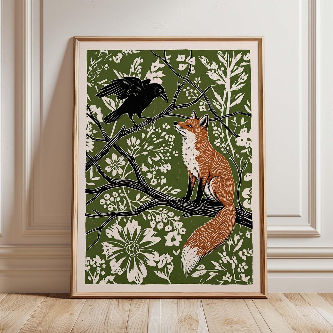 Folk Art Fox Raven Poster, Woodland Animal Artwork
