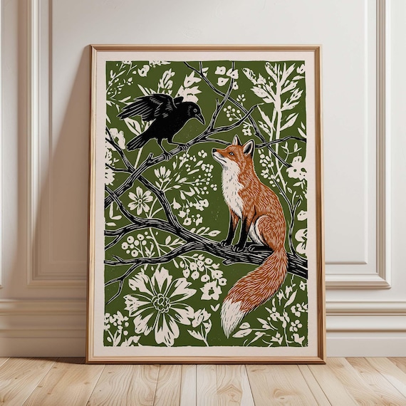Folk Art Fox Raven Poster, Woodland Animal Artwork