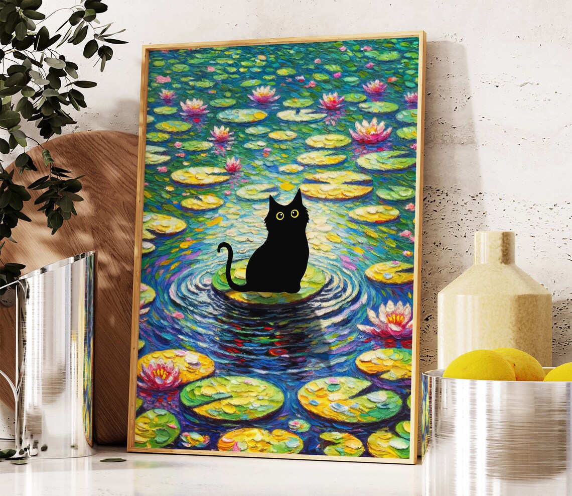 Black Cat on Lily Pad in a Vibrant Water Lily Pond Art Poster