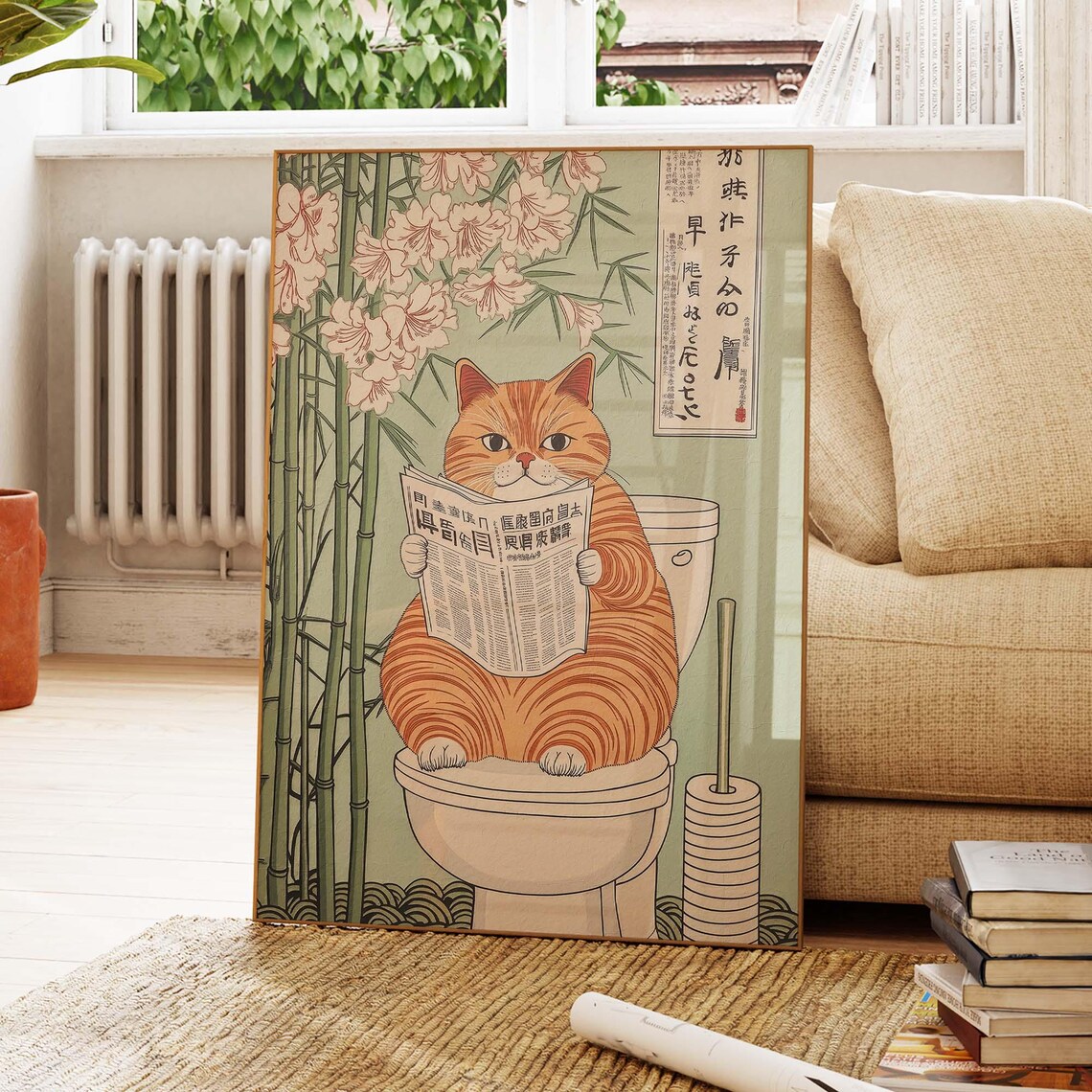 Ginger Tabby Cat On Toilet Reading Paper With Bamboo Japan Poster - Image 4