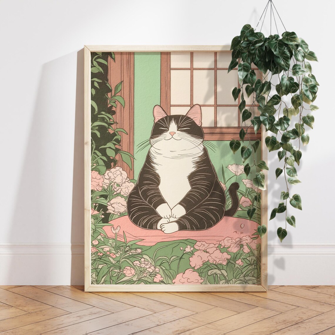 Tuxedo Cat Doing Yoga in Japanese Garden, Poster