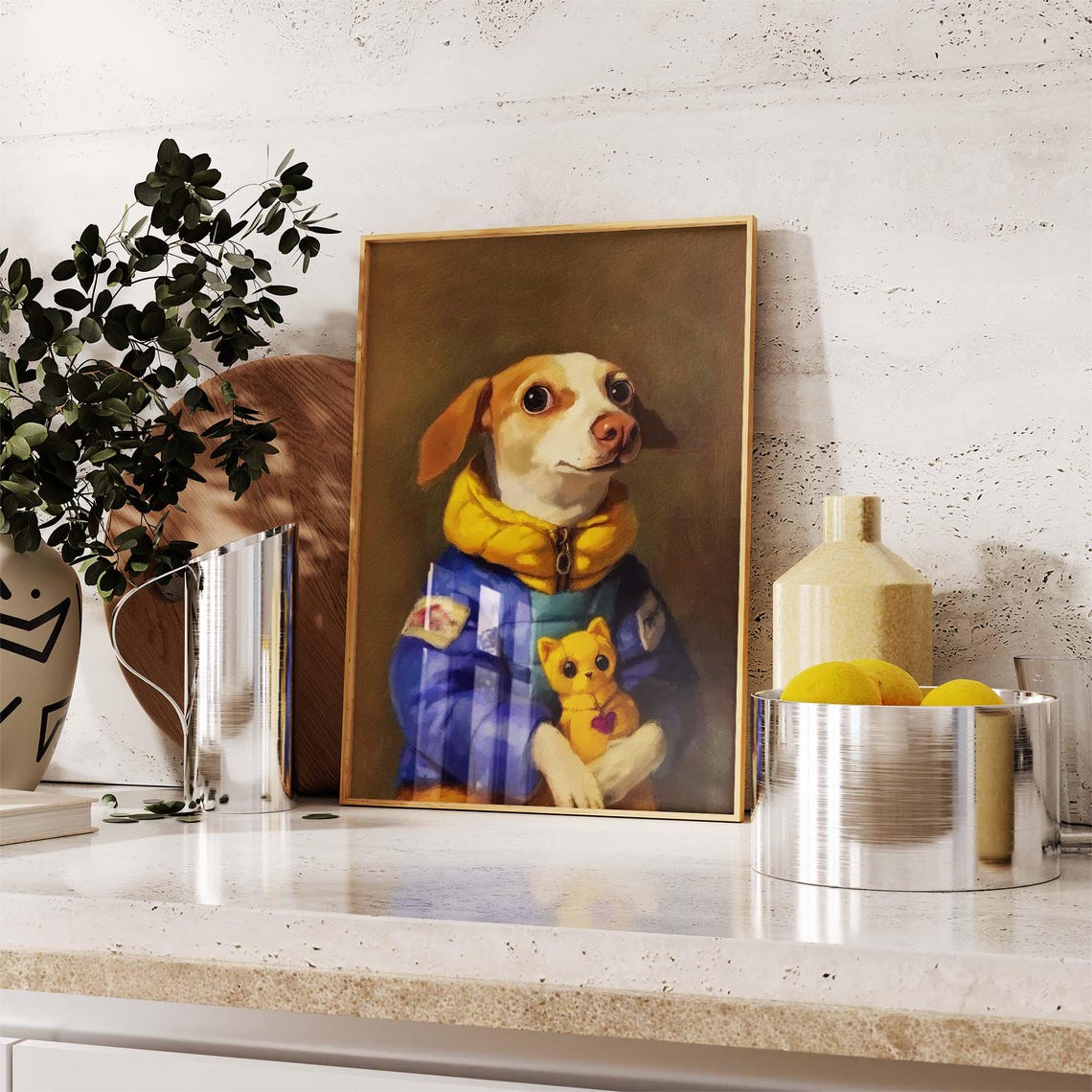 Puppy In A Blue Puffer Jacket Holding A Yellow Teddy Cat Poster - Image 2