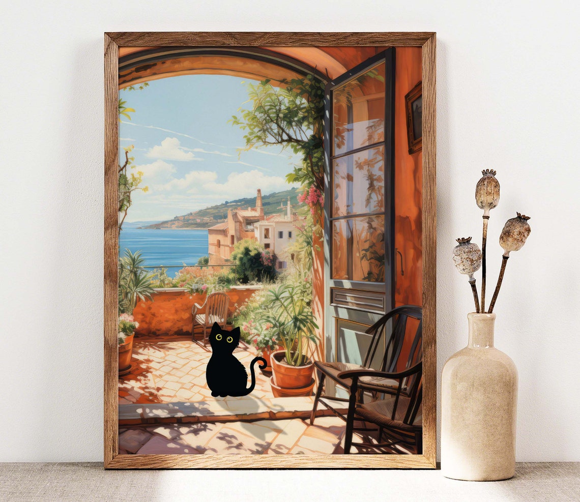 Black Cat on Sunny Mediterranean Sea Terrace Open Window Poster