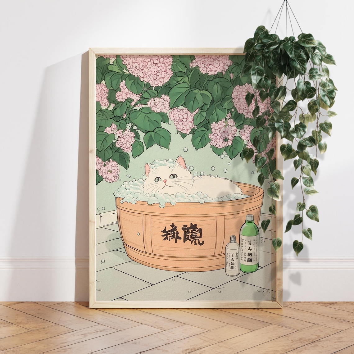 White Cat In Bathtub Japanese Bathroom Decor Art Print