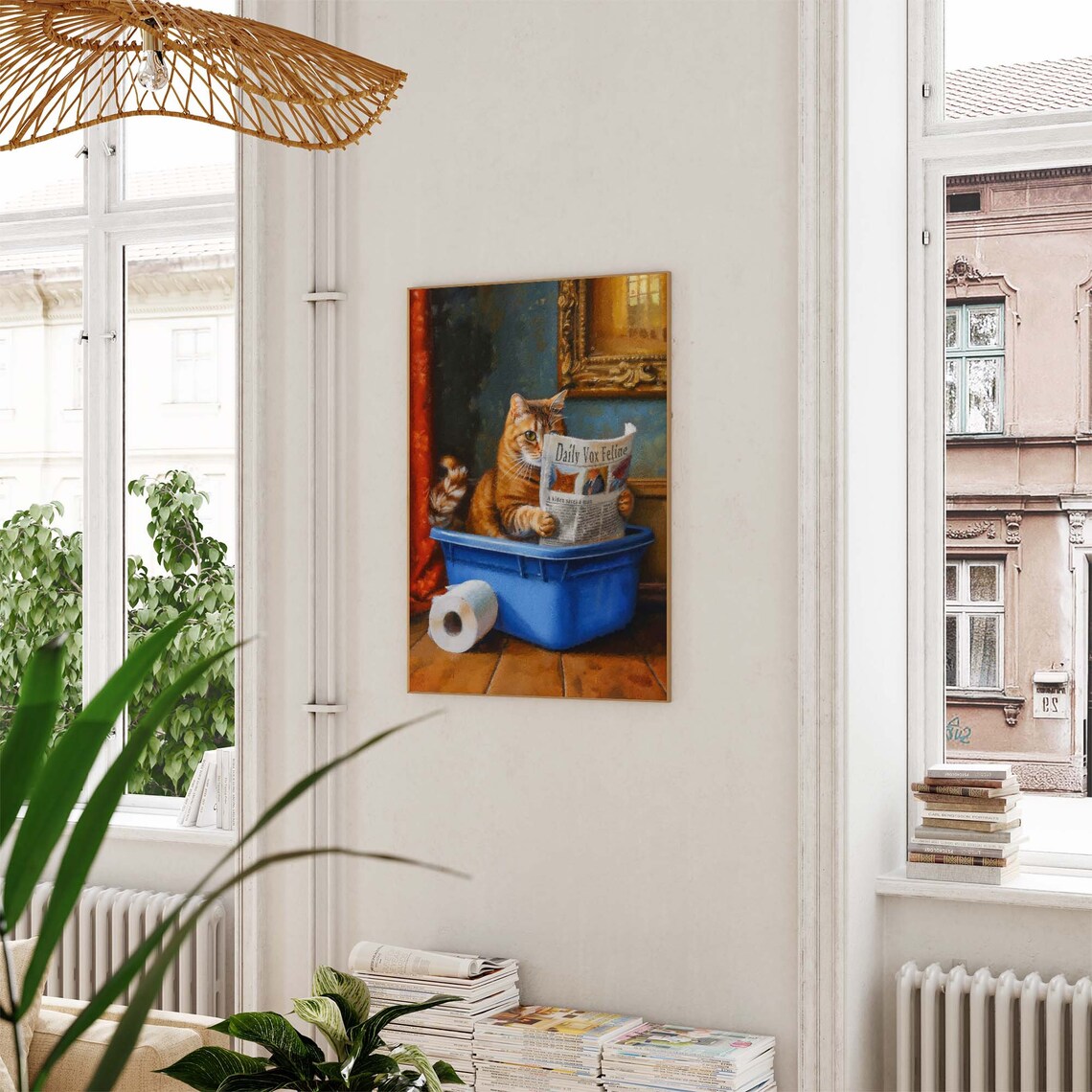 Tabby Cat Reading Daily Vox Feline Newspaper In Blue Litter Box Poster - Image 2