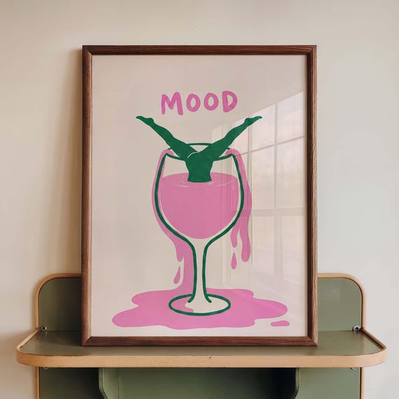 Pink Wine Mood Poster, Minimalist Home Bar Decor