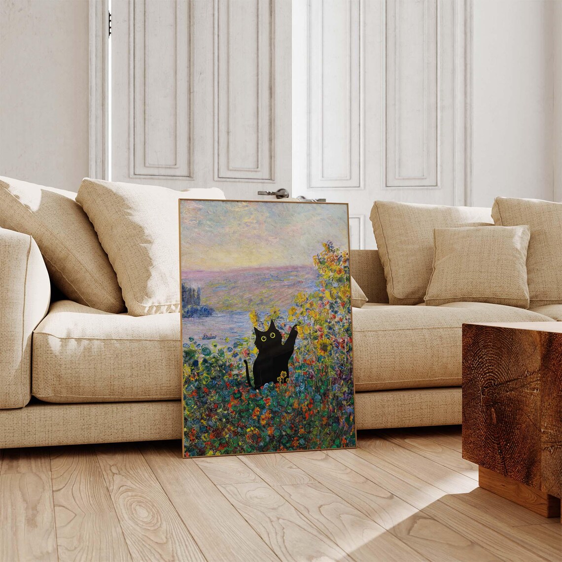 Black Cat Among Monet Style Wildflowers by the Blue Water Poster - Image 3