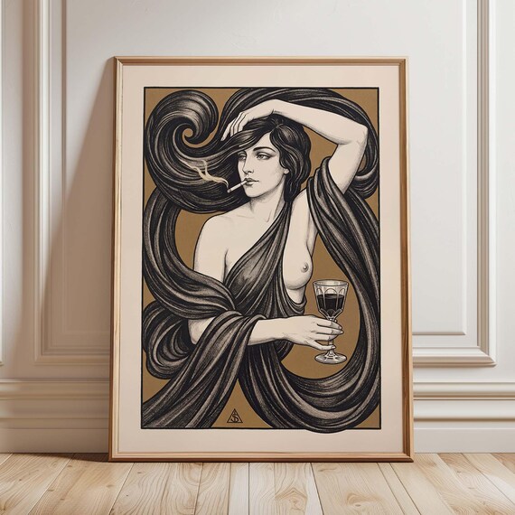 Art Nouveau Woman Poster Flowing Hair Wine Cigarette Vintage Muse Art