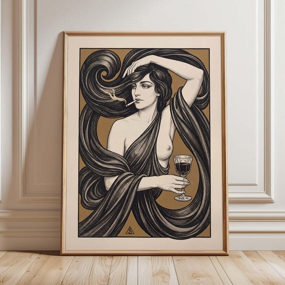 Vintage Cocktail Lounge Poster Art Nouveau Woman Wall Print Dark Feminine Decor Boho Bar Illustration